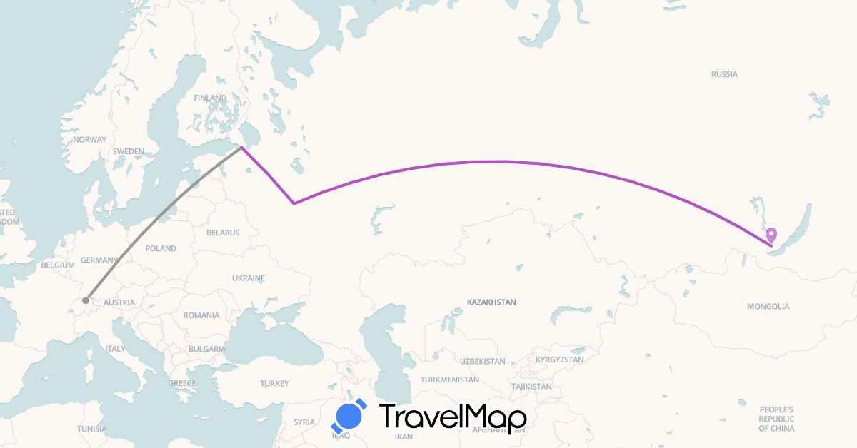 TravelMap itinerary: driving, plane, train in Switzerland, Russia (Europe)